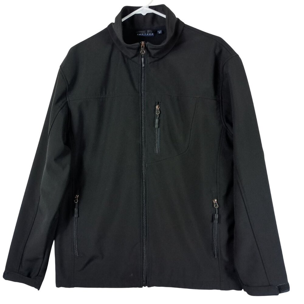 PGA Tour Soft Shell Jacket Golf Full Zip Stand Collar Mens M Black Minimalist
